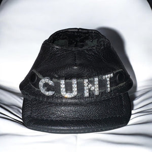 Black Labubu Leather Hat – Rhinestone Text
