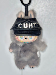 Black Labubu Leather Hat – Rhinestone Text