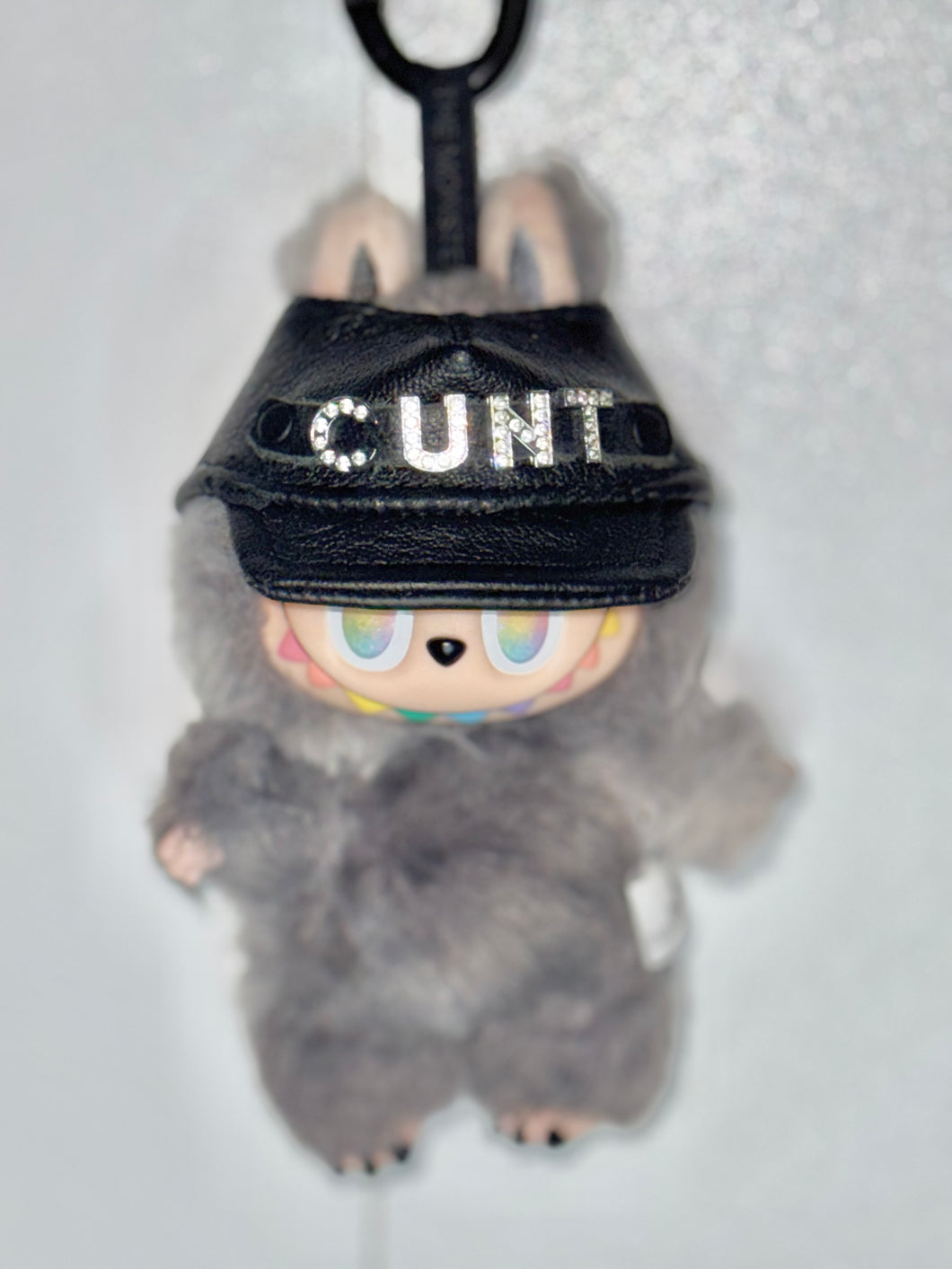 Black Labubu Leather Hat – Rhinestone Text