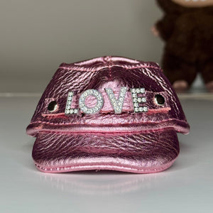 Pink Labubu Leather Hat – Rhinestone Text