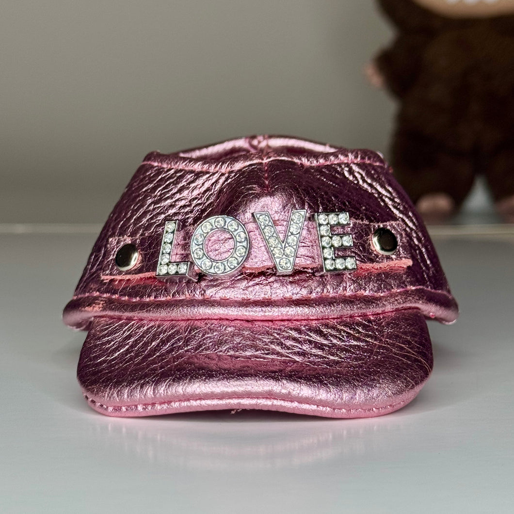 Pink Labubu Leather Hat – Rhinestone Text