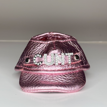 Load image into Gallery viewer, Pink Labubu Leather Hat – Rhinestone Text
