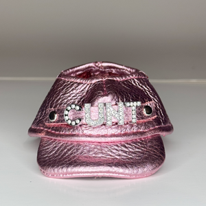 Pink Labubu Leather Hat – Rhinestone Text